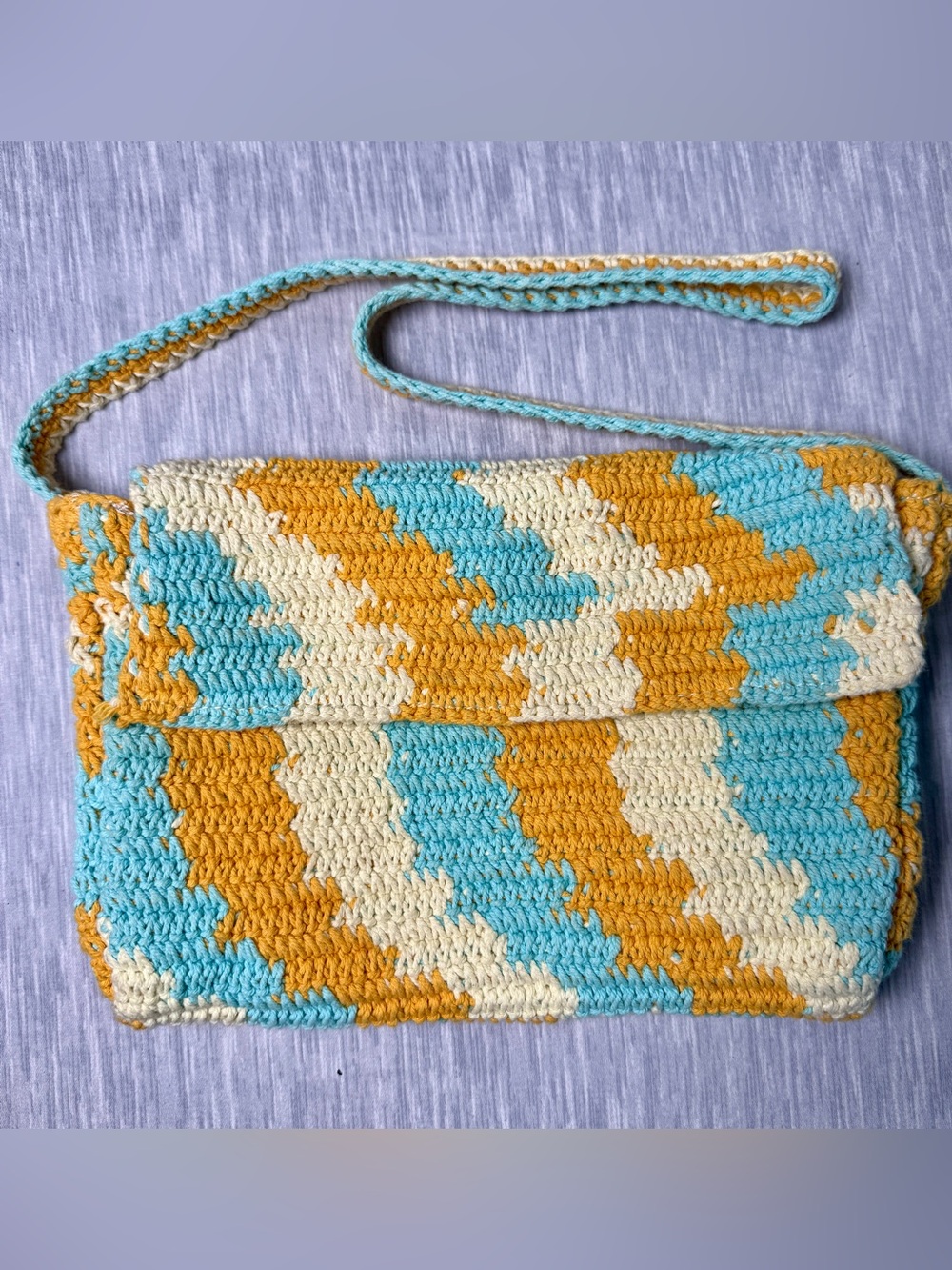 Wild Fable Sky Blue Gold Cream Boho Crochet Clutch Wristlet Crossbody Bag